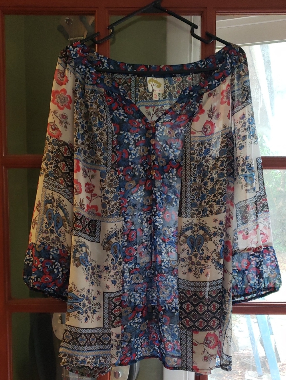 fig and flower Blue & Cream Floral Patchwork Sheer Blouse